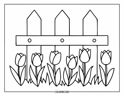 Tegning med tulipaner til børn: Tulipaner blomstrer foran et træstakit i et enkelt og rent udtryk