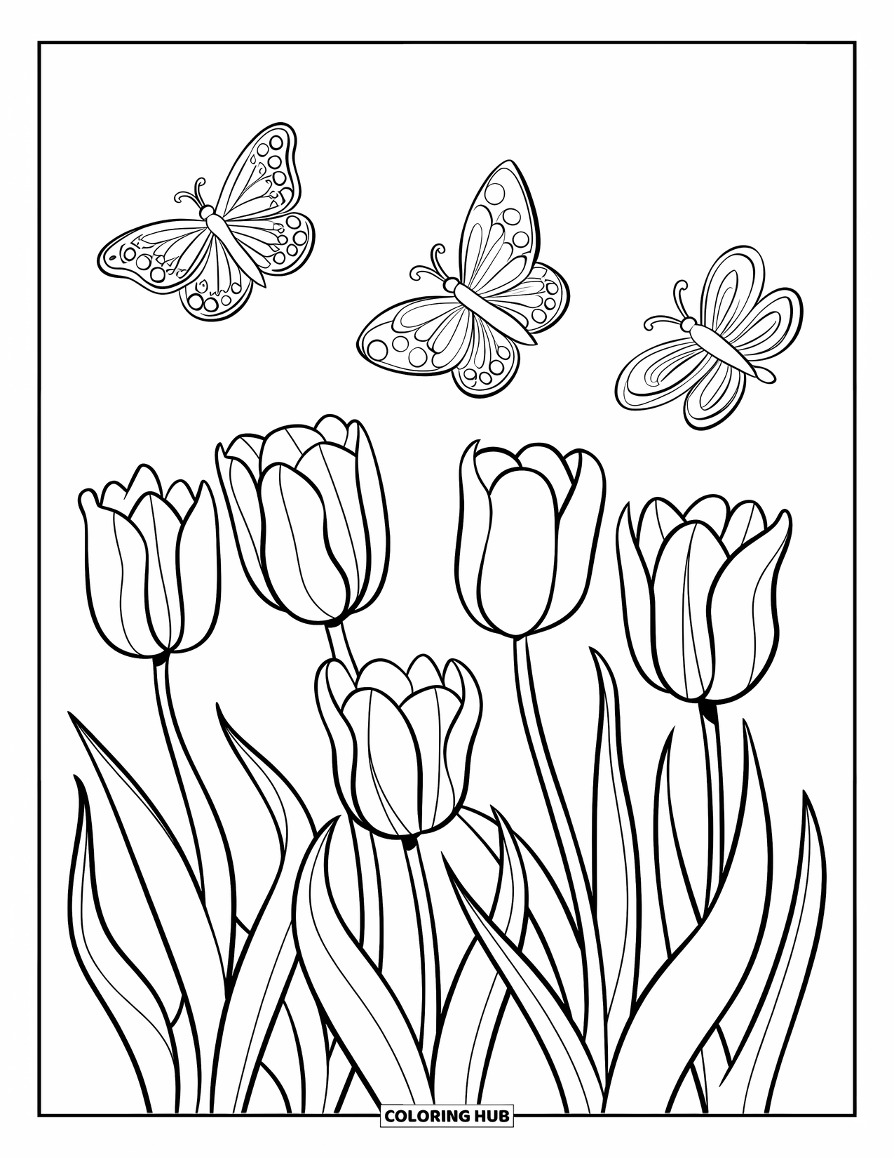 Tulip Coloring Page for Kids: Tulips in full bloom sway while butterflies dance above