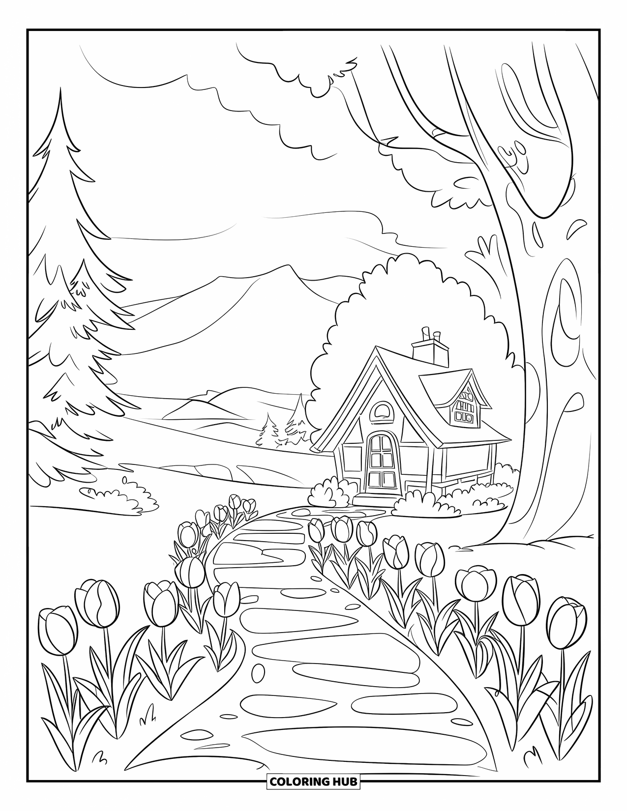 Tulip Coloring Page for Kids: Tulips line a path that leads to a cozy cabin by the trees