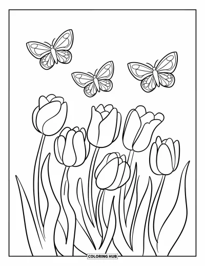 Tegning med tulipaner til børn: Tulipaner svajer blidt mens sommerfugle flagrer over dem i en fredfyldt scene