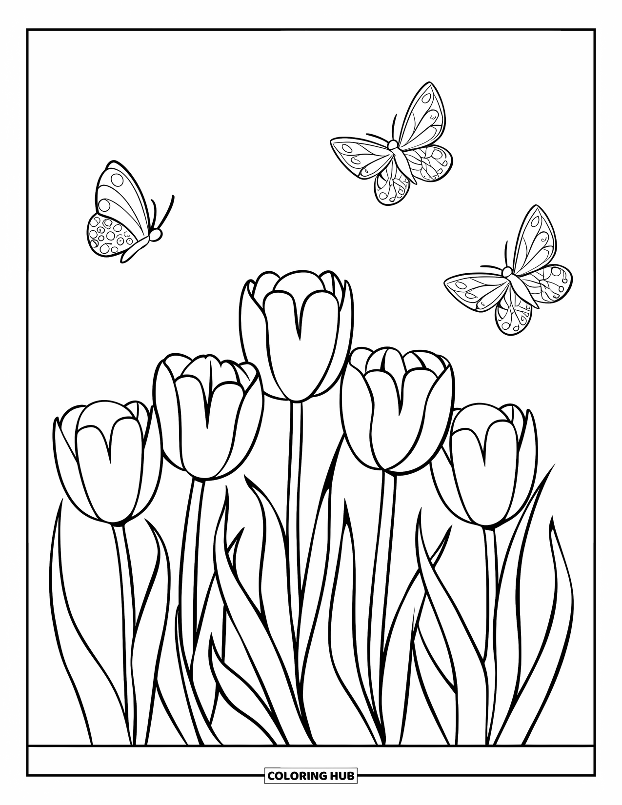 Tulip Coloring Page for Kids: Tulips sway gently in the breeze as three butterflies flutter above