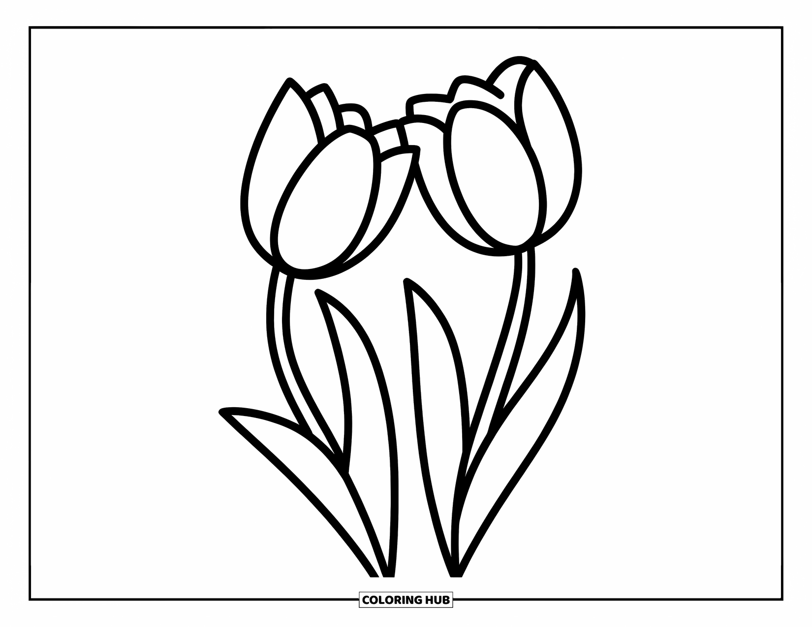 Tulip Coloring Page for Kids: Two tulips lean close together, their stems gently curved