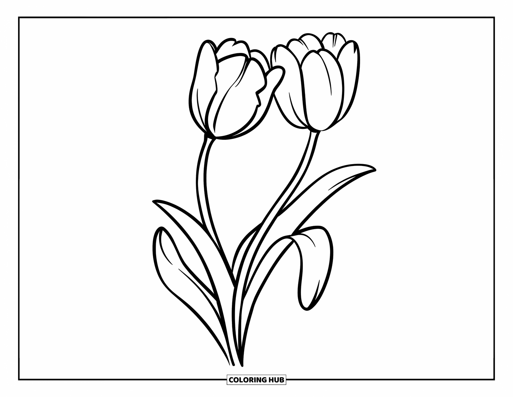 Tulip Coloring Page for Kids: Two tulips tilt toward each other in a simple, sweet scene