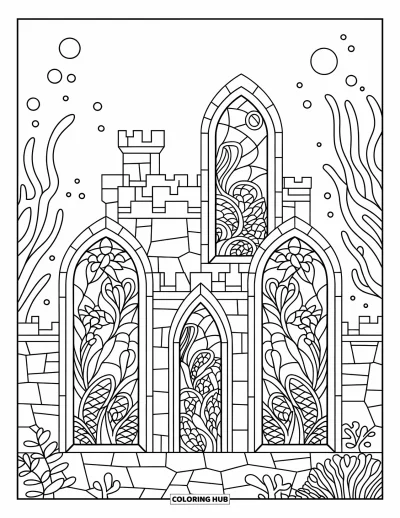 Under The Sea Coloring Page for Adults: A castle underwater with intricate coral designs and bubbles