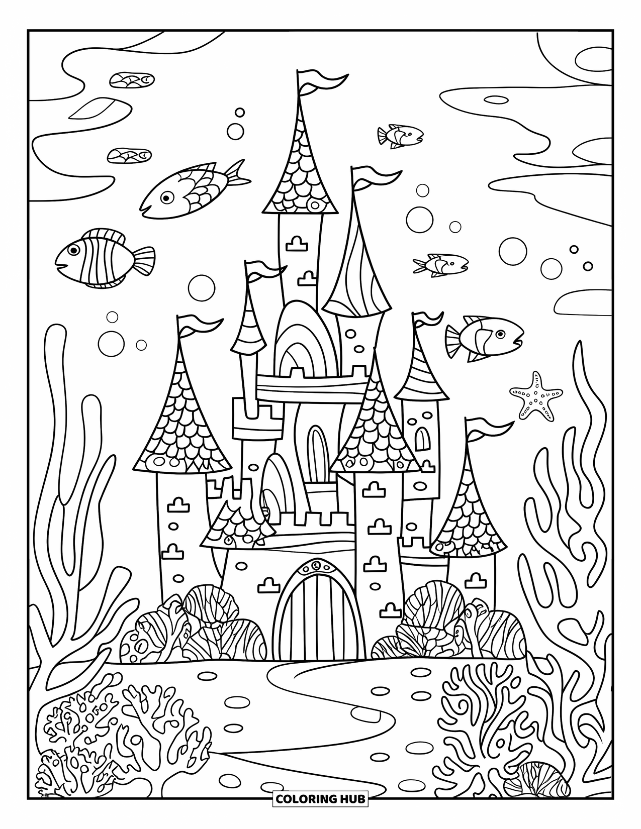 Under The Sea Coloring Page for Adults: A castle with coral patterns and sea life around it