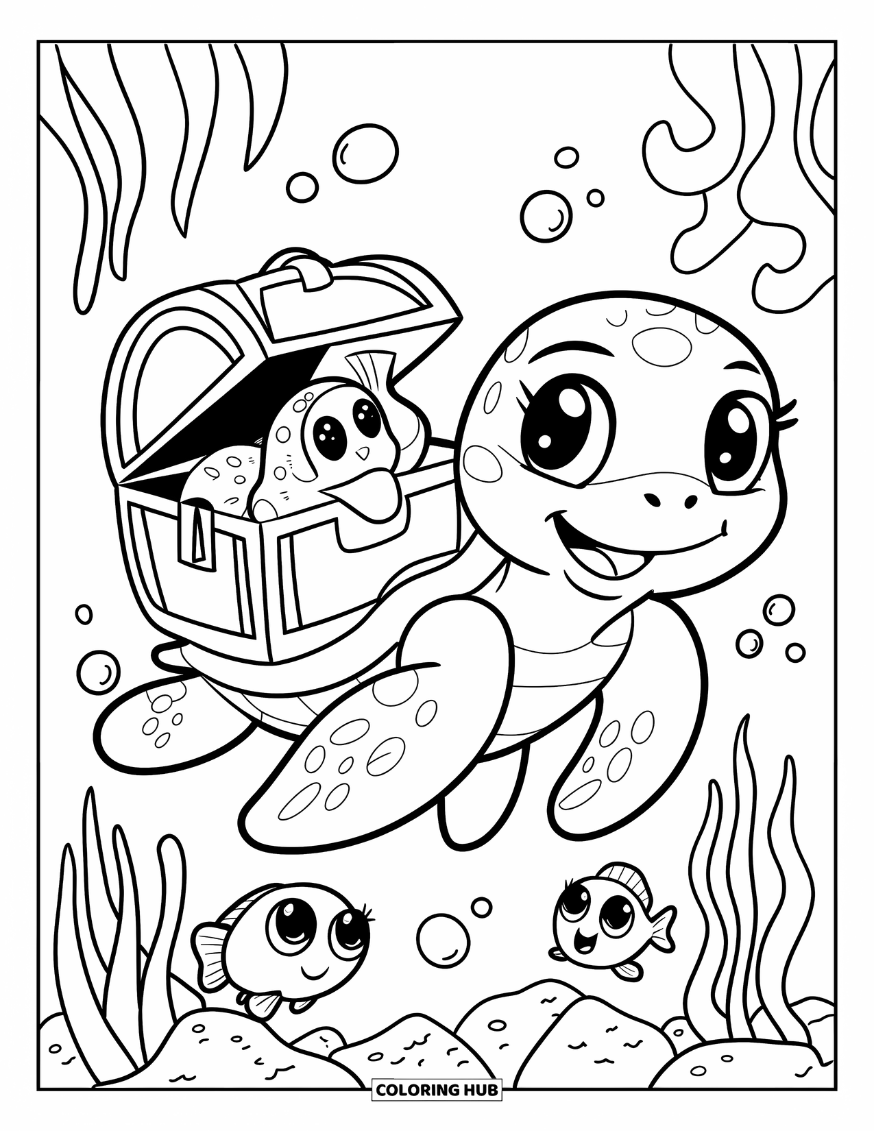 Under The Sea Coloring Page for Adults: A cheerful sea turtle carries a tiny treasure chest with curious fish peeking out