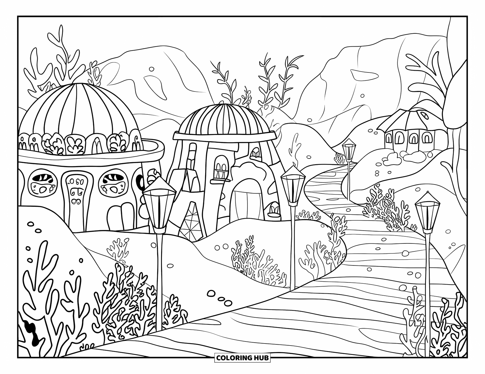 Under The Sea Coloring Page for Adults: A city of domed coral buildings with lanterns and intricate coral patterns
