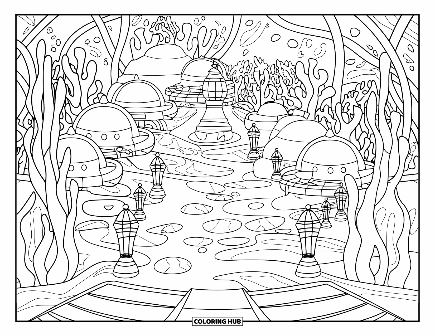 Under The Sea Coloring Page for Adults: A coral city with domed buildings and lanterns surrounded by seaweed and fish