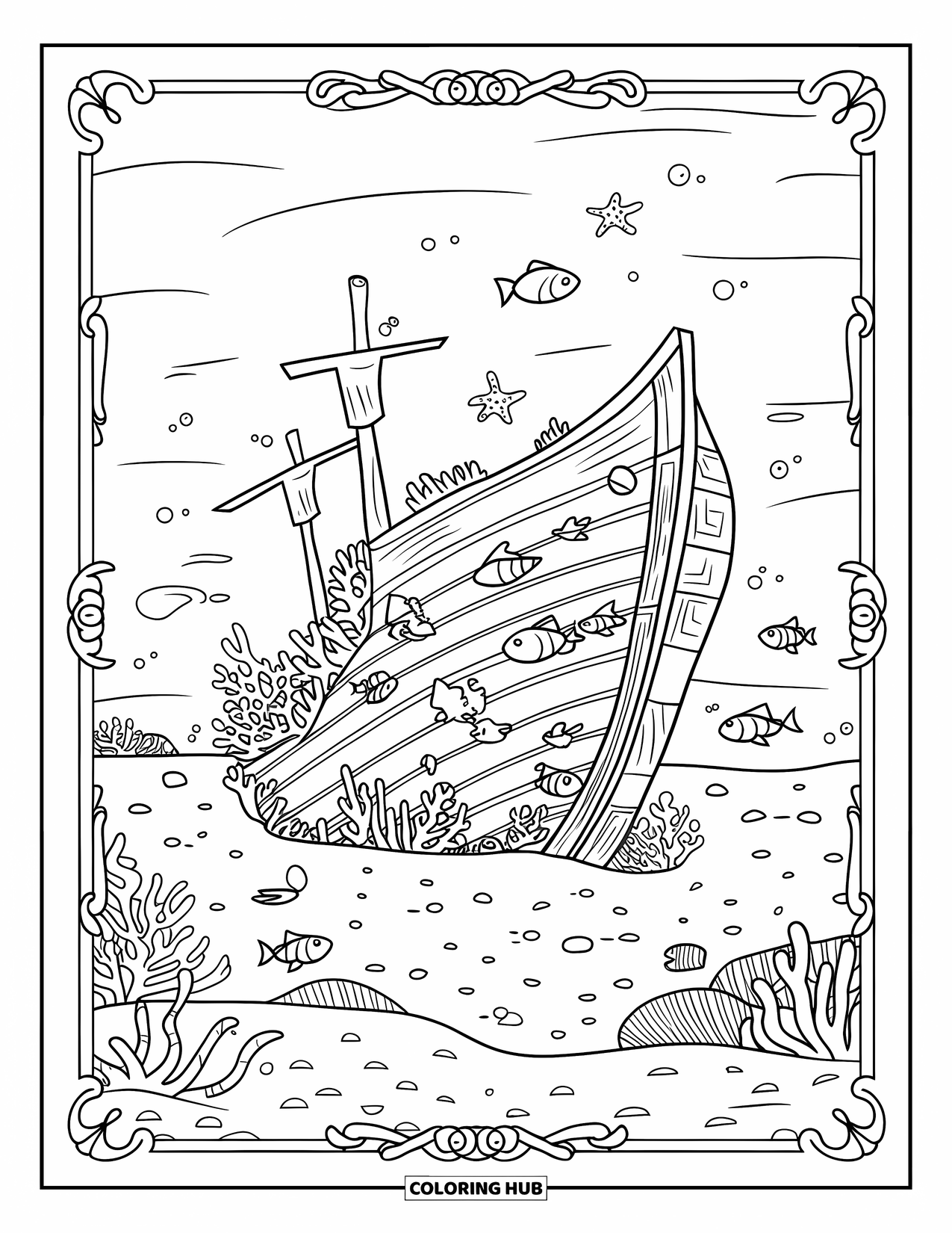 Under The Sea Coloring Page for Adults: A coral-covered shipwreck with sea life lies on a sandy ocean floor