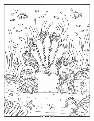 Under The Sea Coloring Page for Adults: A coral throne adorned with shells and pearls on a sandy ocean bottom