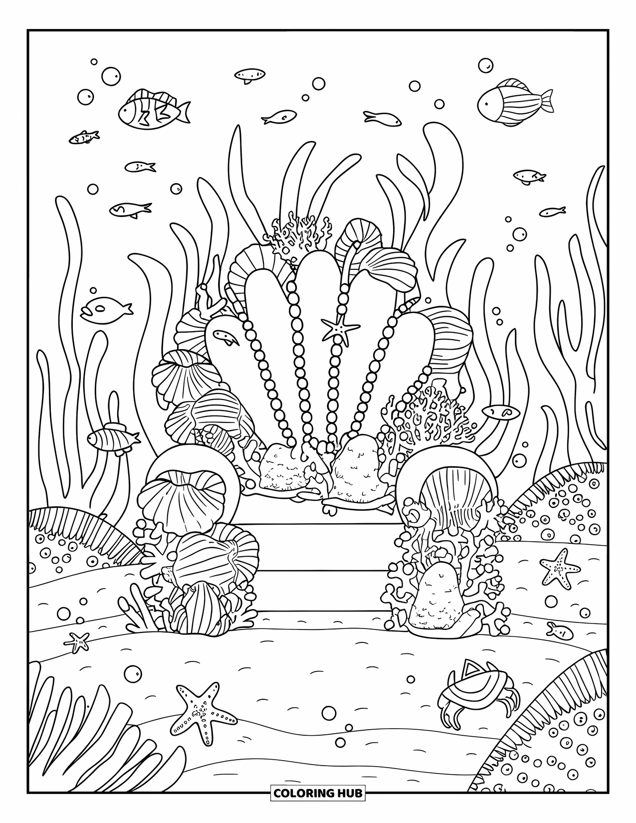 Under The Sea Coloring Page for Adults: A coral throne adorned with shells and pearls on a sandy ocean bottom