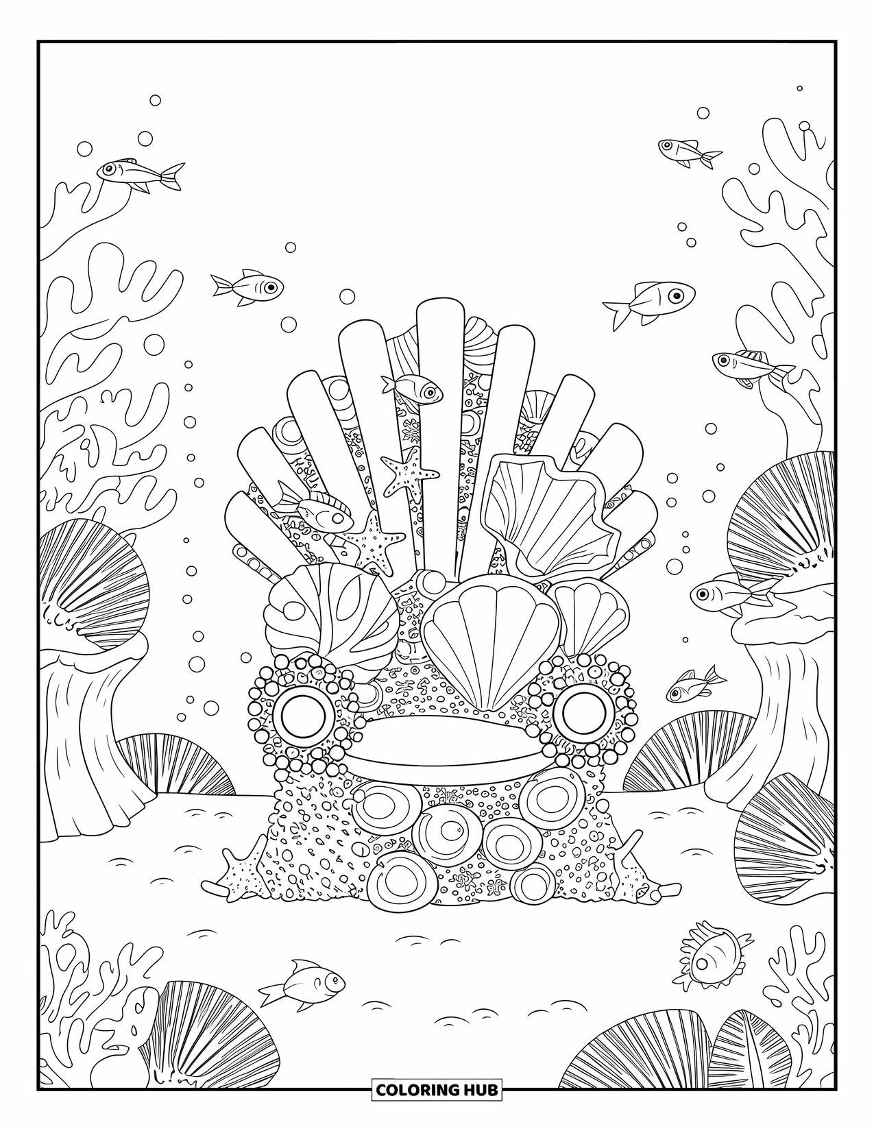 Under The Sea Coloring Page for Adults: A coral throne surrounded by fish and sea plants on the ocean floor