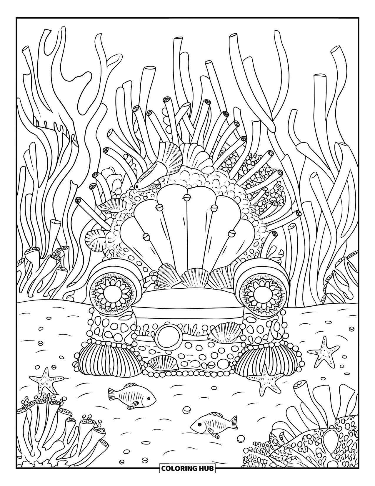 Under The Sea Coloring Page for Adults: A coral throne with shells and pearls, surrounded by sea creatures