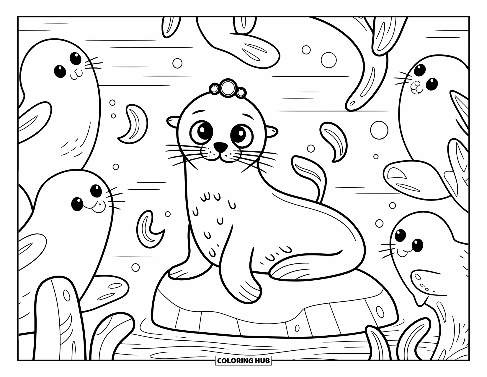 Under The Sea Coloring Page for Adults: A crowned sea lion sits on a rock surrounded by clapping seals and seaweed