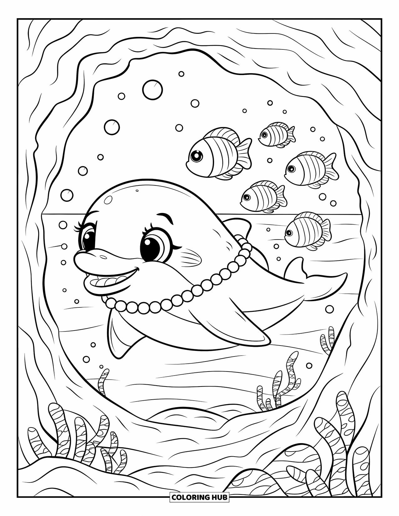 Under The Sea Coloring Page for Adults: A cute dolphin leads fish through a coral tunnel with bubbles and soft seaweed