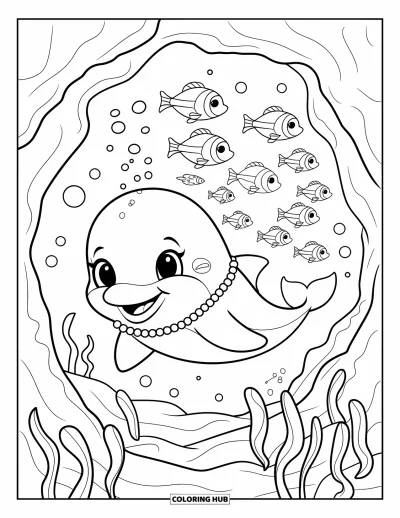 Under The Sea Coloring Page for Adults: A cute dolphin with pearls leads fish through a coral tunnel with floating seaweed