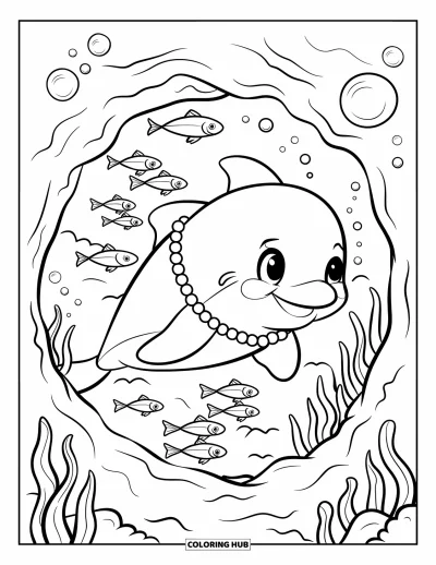 Under The Sea Coloring Page for Adults: A dolphin wearing pearls leads fish through a coral tunnel with bubbles rising