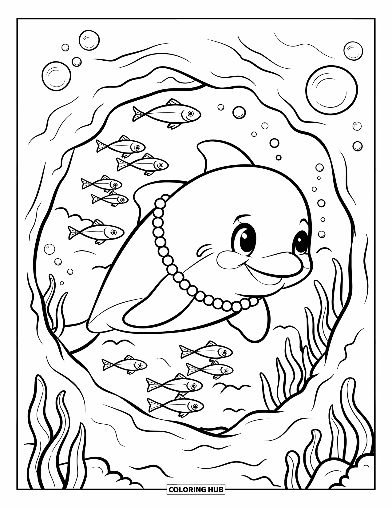 Under The Sea Coloring Page for Adults: A dolphin wearing pearls leads fish through a coral tunnel with bubbles rising
