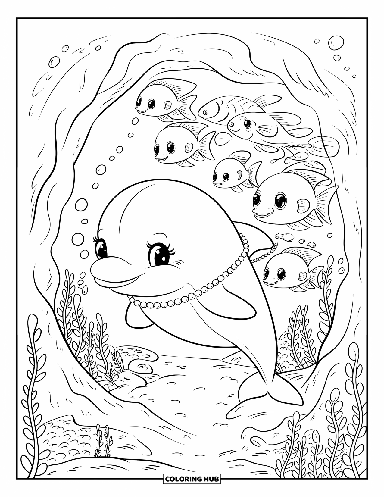 Under The Sea Coloring Page for Adults: A dolphin with a pearl necklace guides fish through a coral tunnel surrounded by seaweed