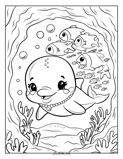 Under The Sea Coloring Page for Adults: A dolphin with a pearl necklace leads fish past bubbles and seaweed in a coral tunnel