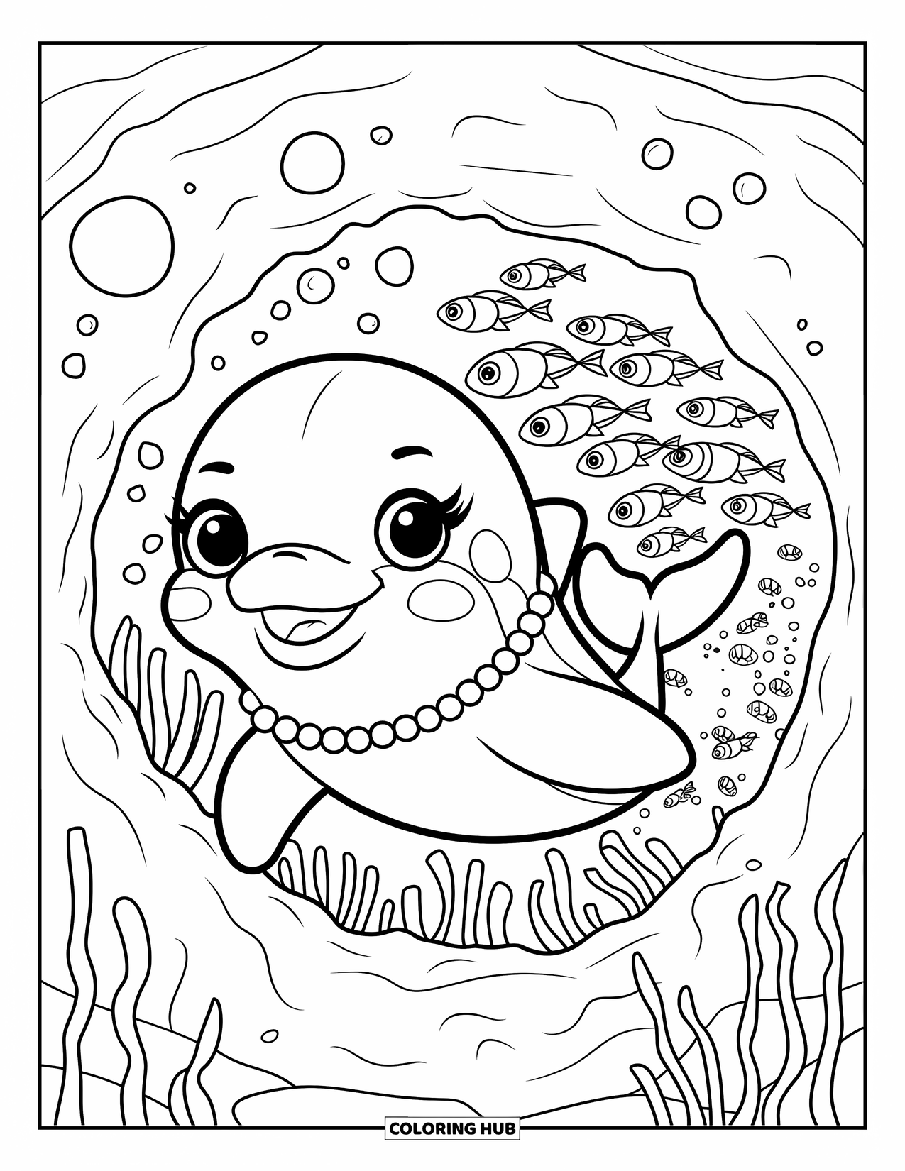 Under The Sea Coloring Page for Adults: A dolphin with a pearl necklace leads fish through a coral tunnel with bubbles