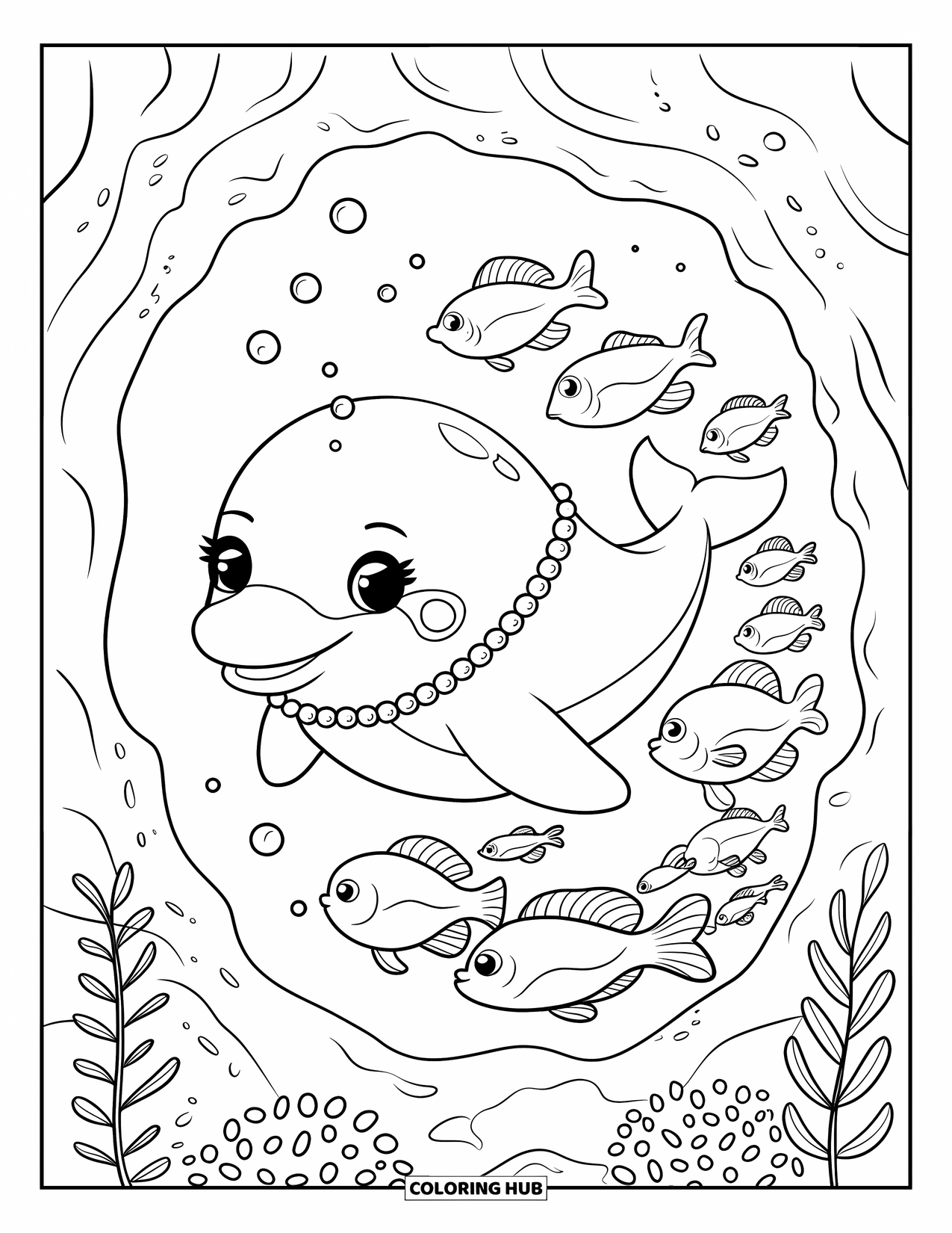 Under The Sea Coloring Page for Adults: A dolphin with pearls leads fish through a coral tunnel with bubbles and seaweed