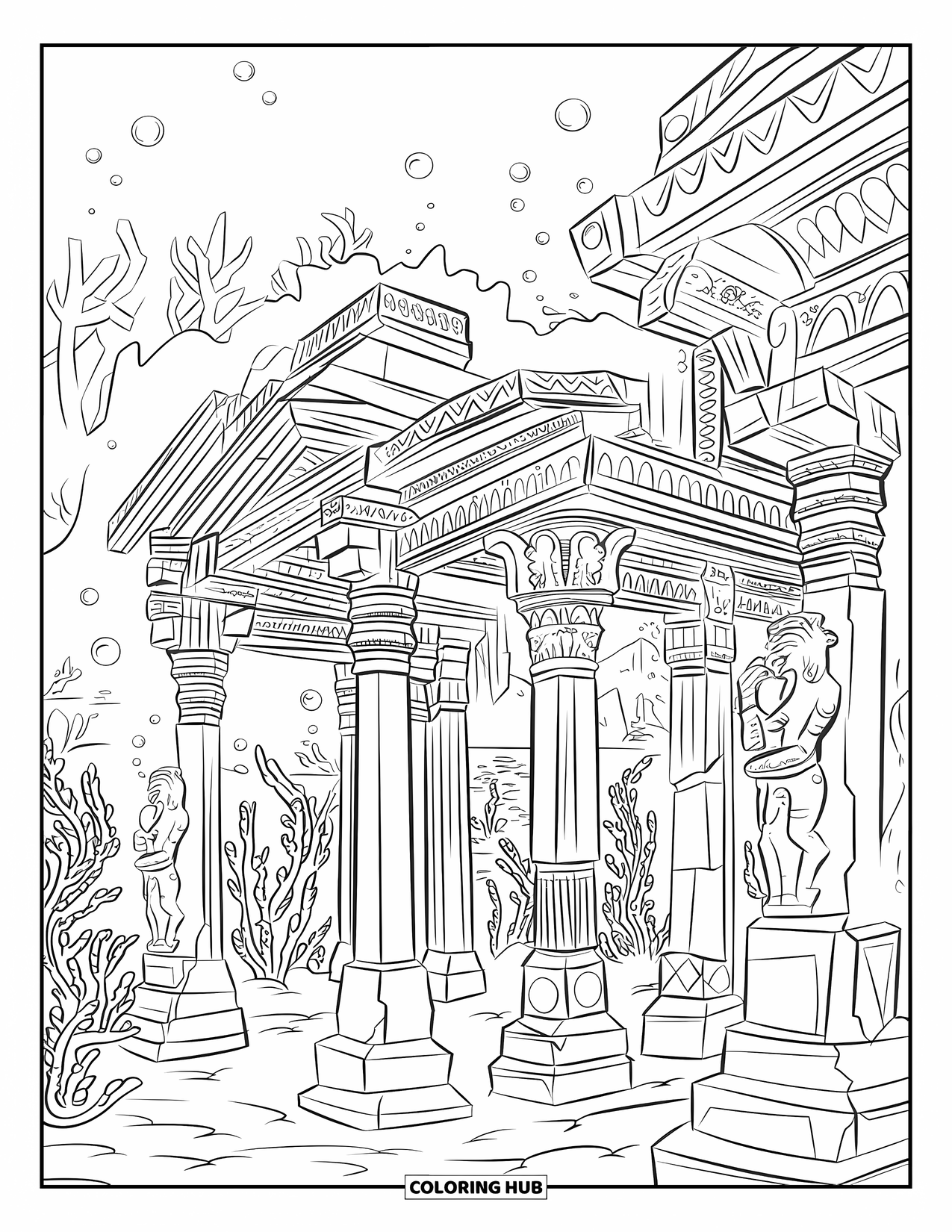Under The Sea Coloring Page for Adults: A dome-roofed temple with carvings and statues surrounded by sea life