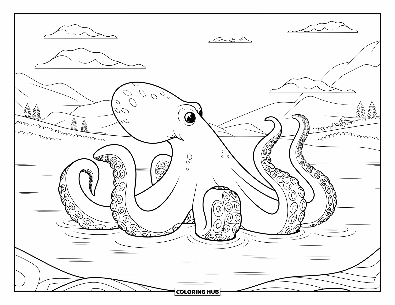 Under The Sea Coloring Page for Adults: A giant octopus in a calm sea with gentle waves