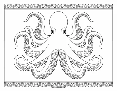 Under The Sea Coloring Page for Adults: A giant octopus with patterned tentacles surrounded by intricate designs