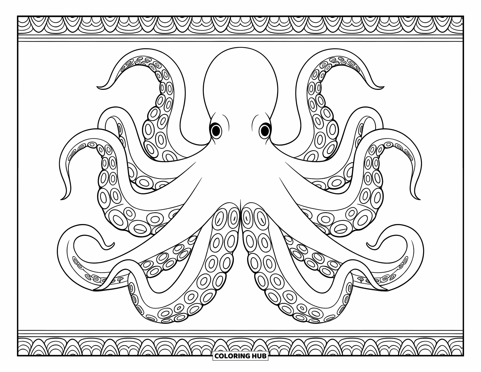 Under The Sea Coloring Page for Adults: A giant octopus with patterned tentacles surrounded by intricate designs