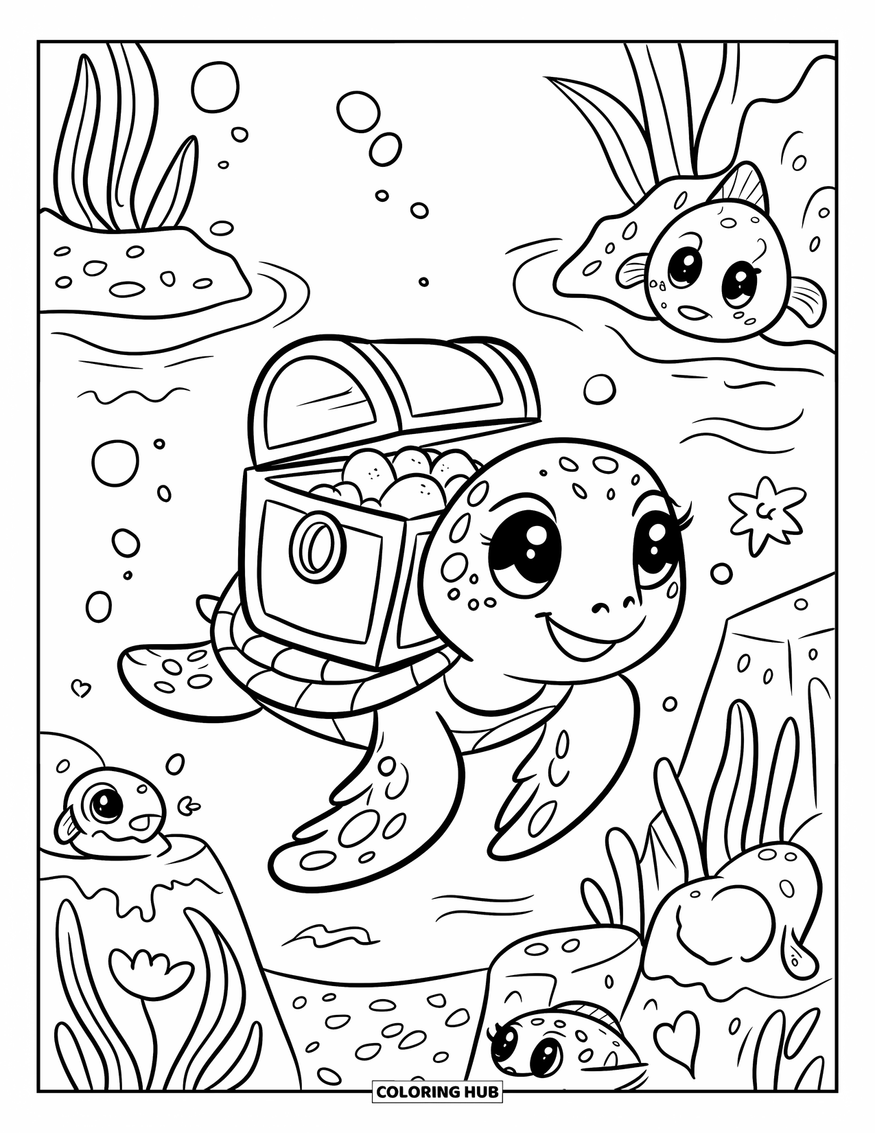 Under The Sea Coloring Page for Adults: A happy sea turtle carries a treasure chest past curious fish and rising bubbles