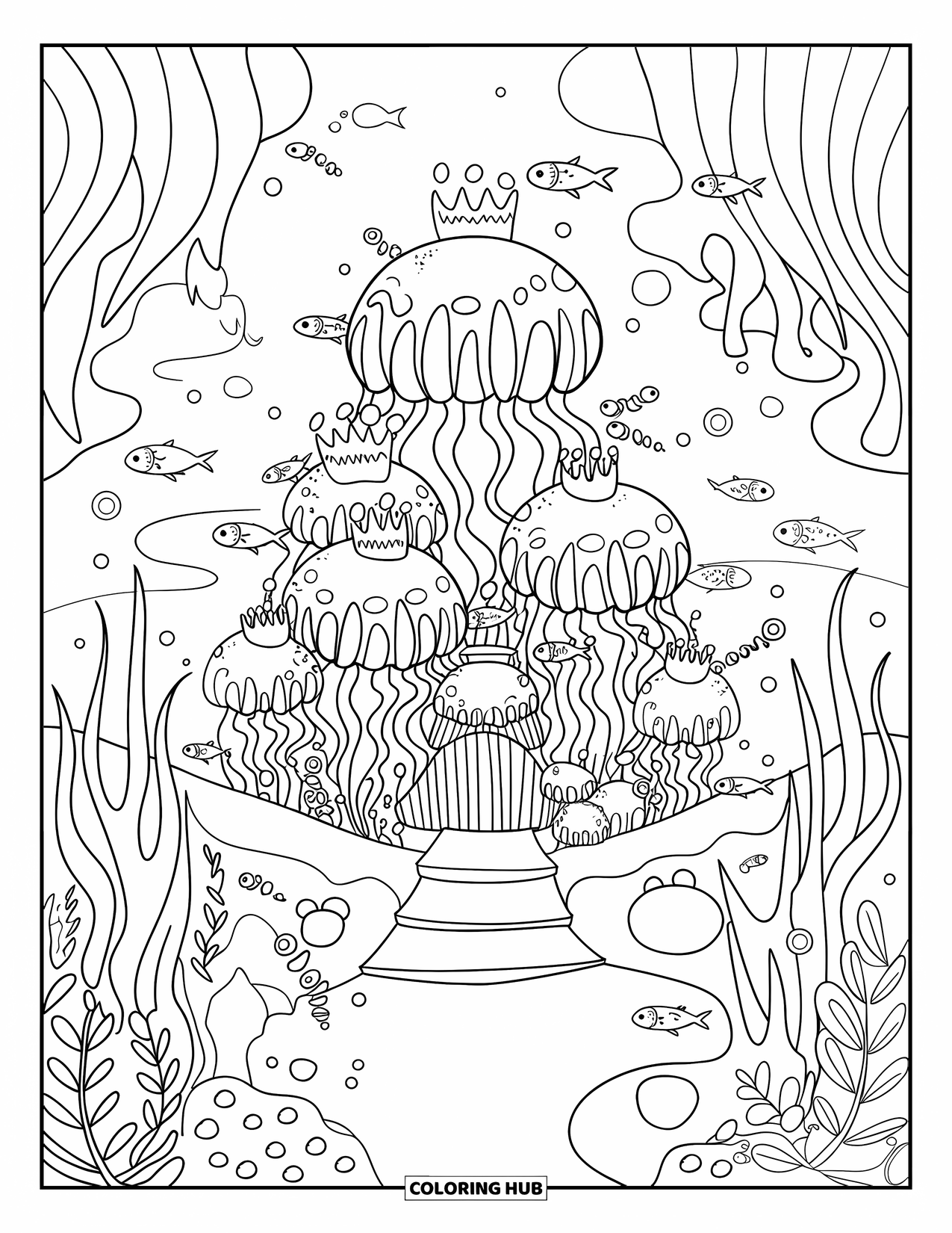 Under The Sea Coloring Page for Adults: A jellyfish castle with tiny crowns stands among seaweed, pearls, and curious fish