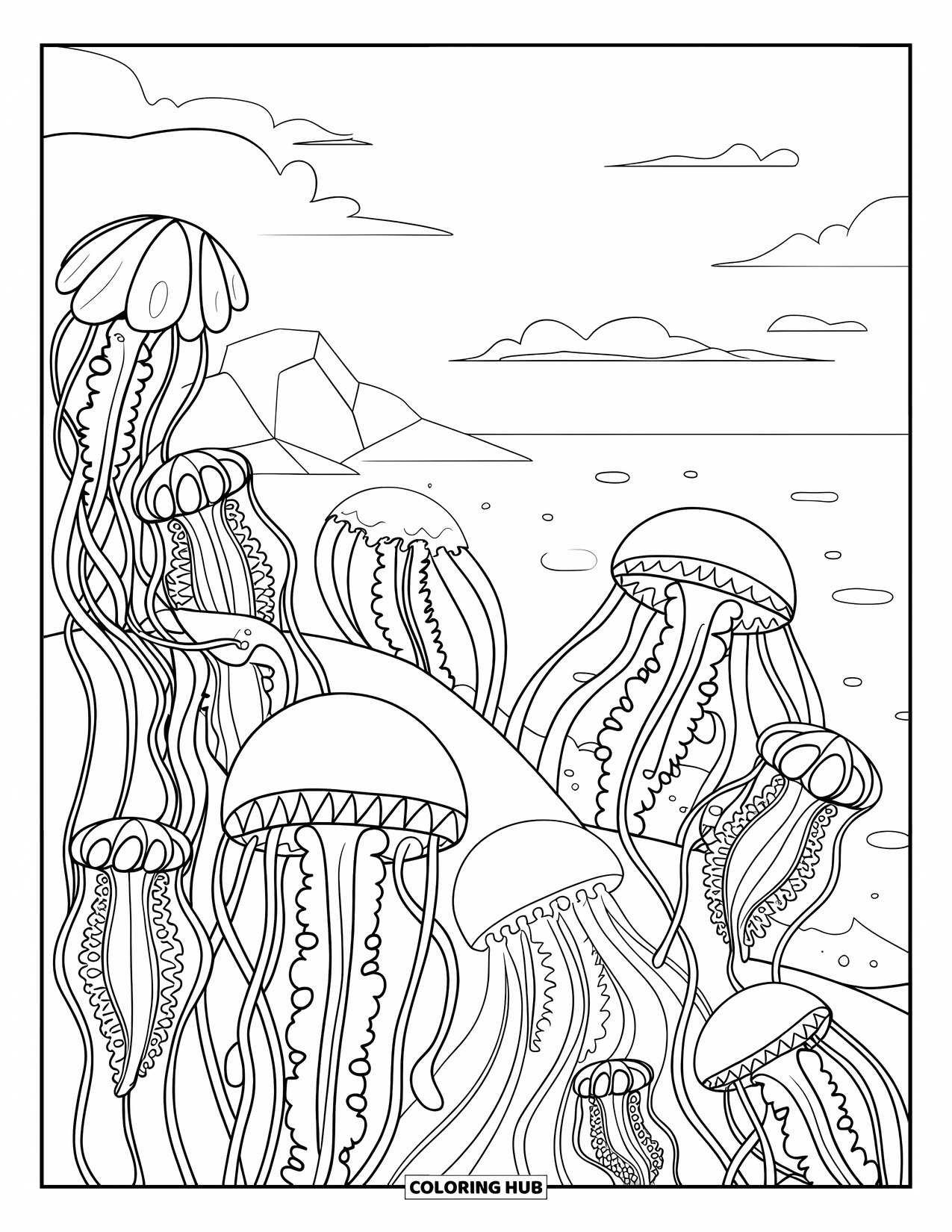 Under The Sea Coloring Page for Adults: A jellyfish garden with rocks and a clear sky