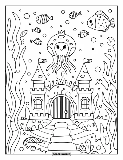 Under The Sea Coloring Page for Adults: A jellyfish with a crown guards an underwater castle surrounded by seaweed and pearls