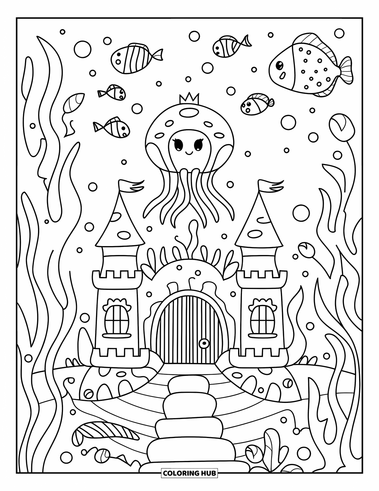 Under The Sea Coloring Page for Adults: A jellyfish with a crown guards an underwater castle surrounded by seaweed and pearls