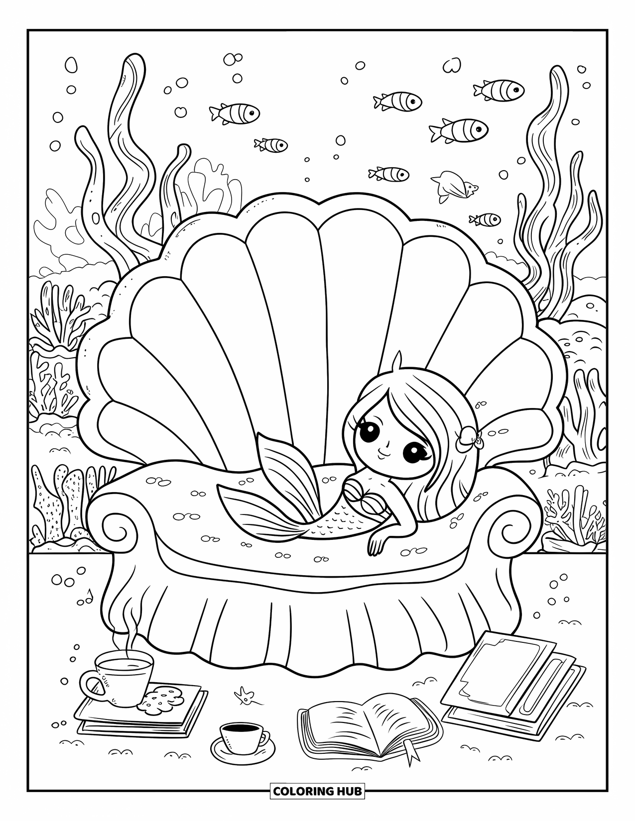 Under The Sea Coloring Page for Adults: A kawaii mermaid lounges on a clam sofa with books and tea
