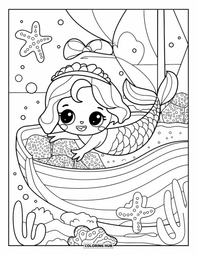 Under The Sea Coloring Page for Adults: A kawaii mermaid with a bow explores a sunken ship filled with sparkling treasures