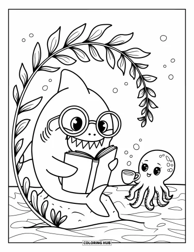 Under The Sea Coloring Page for Adults: A kawaii shark with glasses reads a book while an octopus offers tea