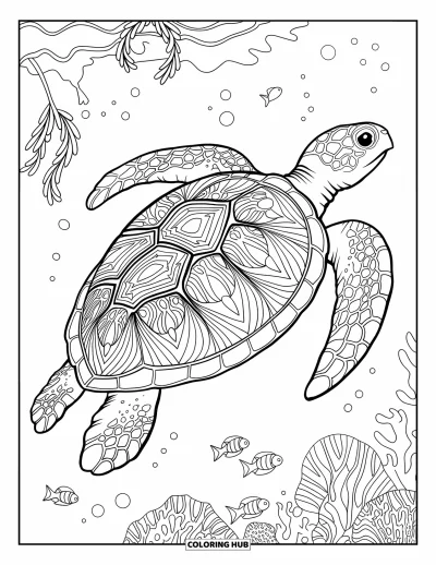 Under The Sea Coloring Page for Adults: A mandala-shelled sea turtle swims past coral, seaweed, and small fish