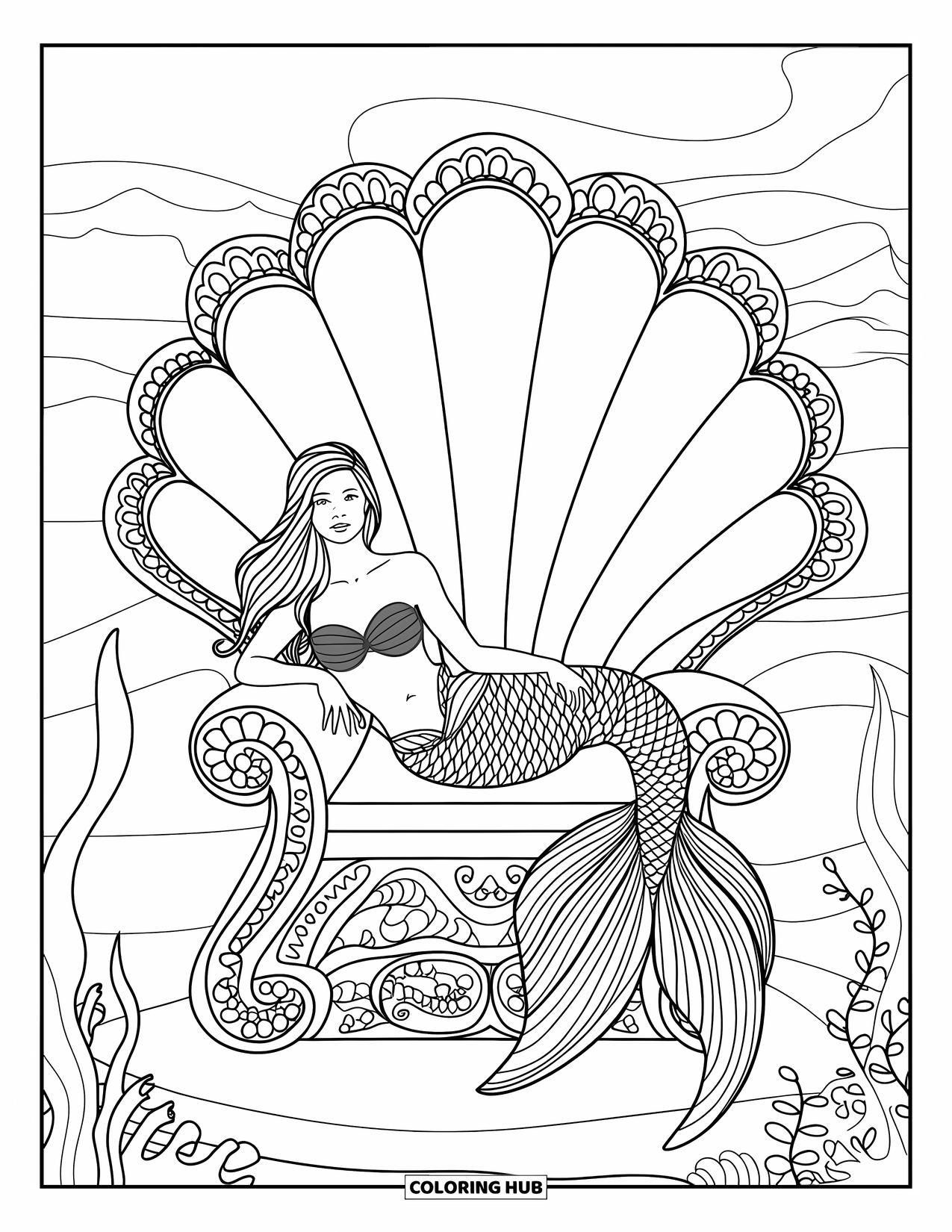 Under The Sea Coloring Page for Adults: A mermaid lounging on a seashell throne with a patterned tail