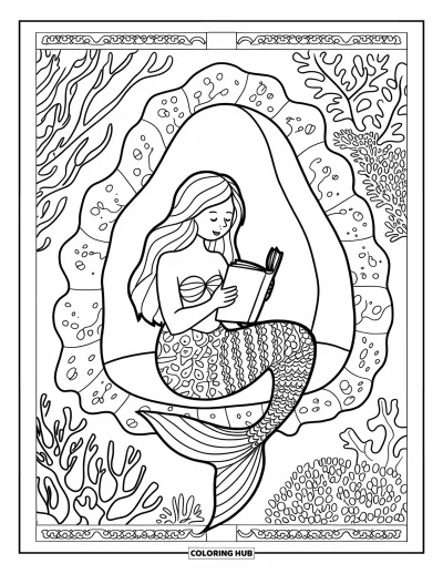 Under The Sea Coloring Page for Adults: A mermaid reading a book, surrounded by intricate coral patterns