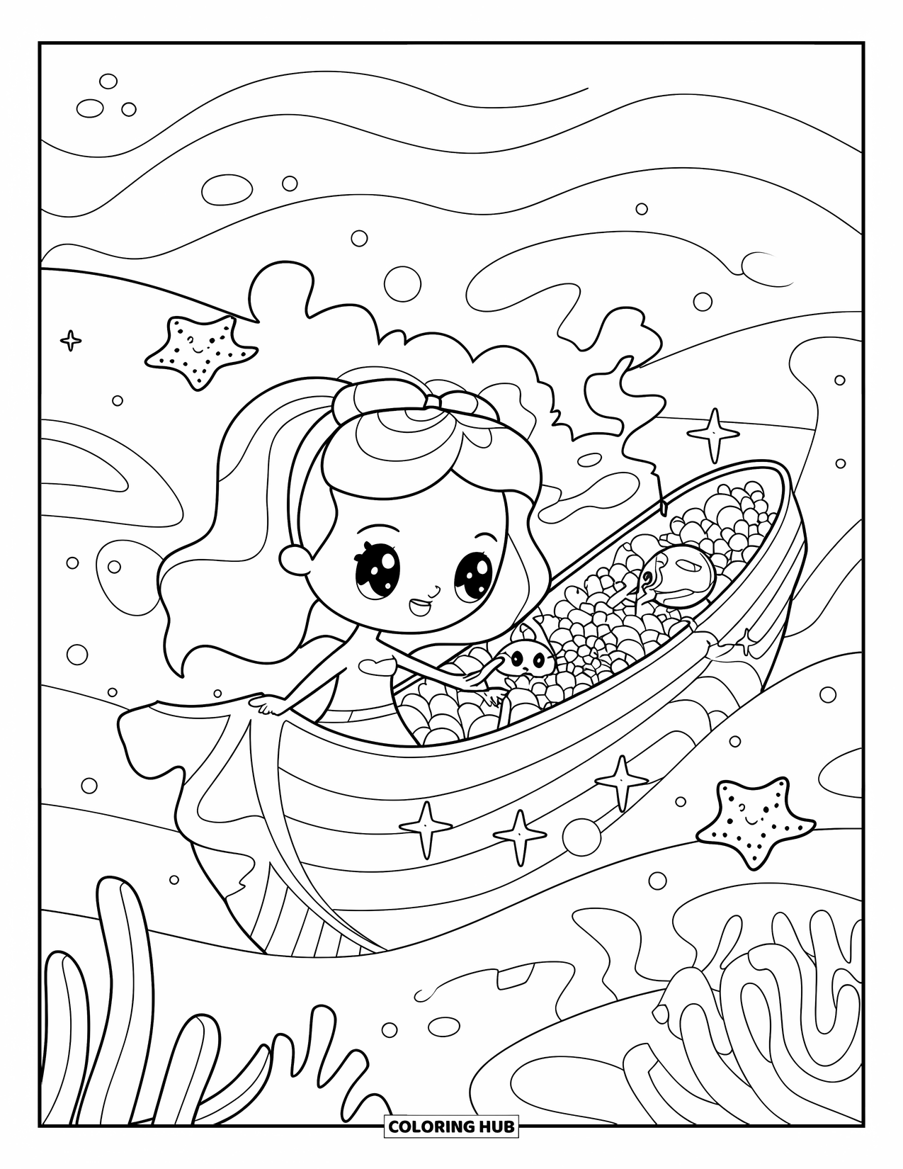 Under The Sea Coloring Page for Adults: A mermaid with a bow finds sparkling treasures on a sunken ship with friendly starfish
