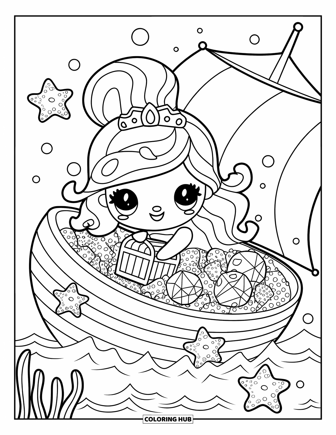 Under The Sea Coloring Page for Adults: A mermaid with a crown explores a sunken ship surrounded by seaweed and treasures