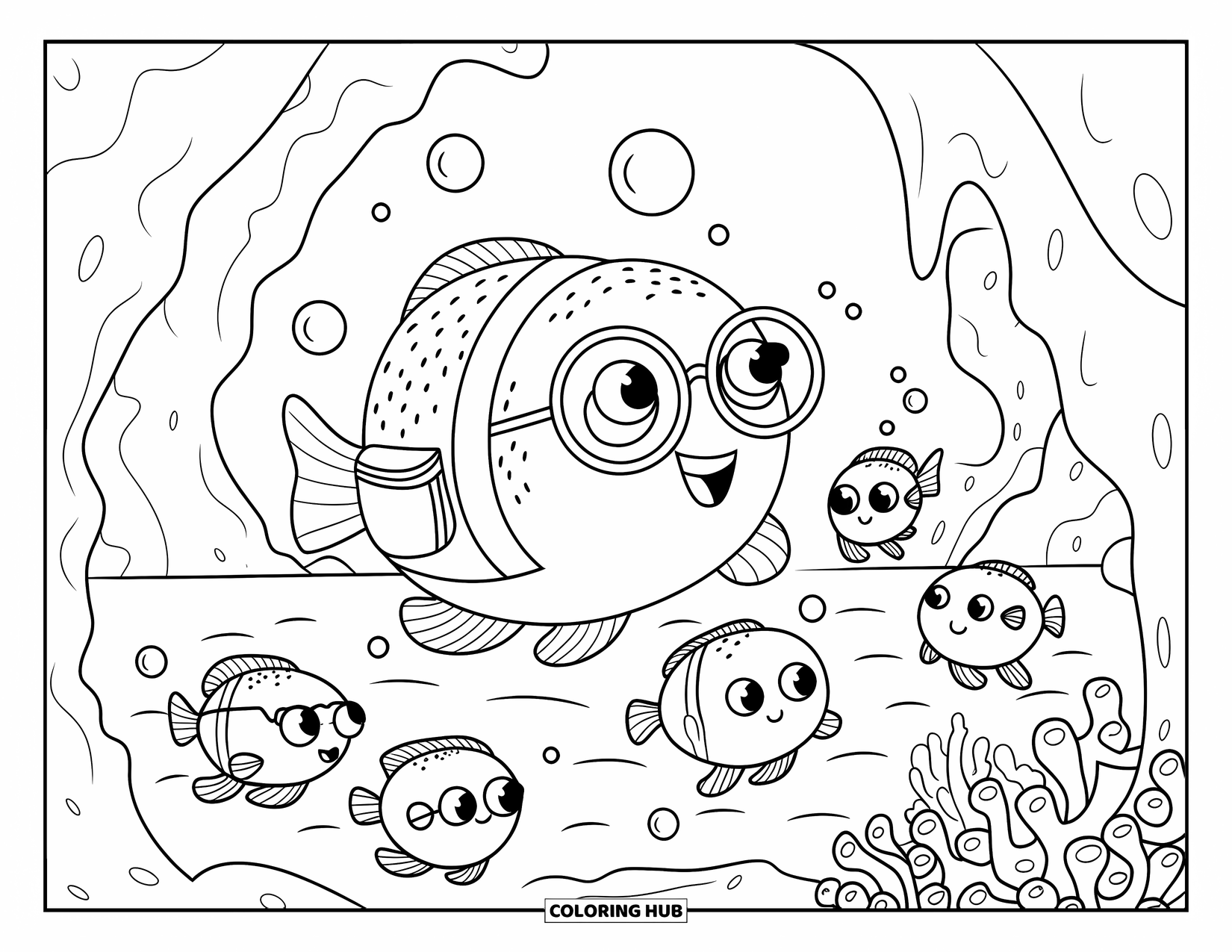 Under The Sea Coloring Page for Adults: A pufferfish leads a treasure hunt past coral caves and sparkling pearls