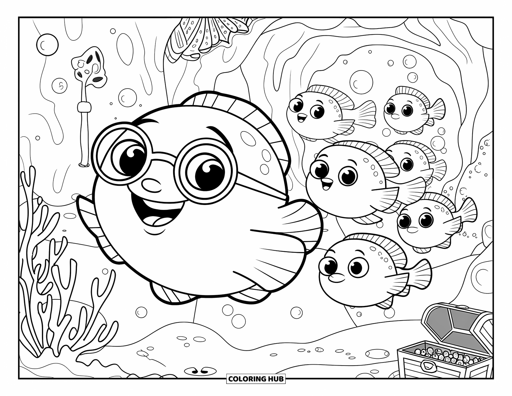 Under The Sea Coloring Page for Adults: A pufferfish with a backpack leads fish past coral caves and treasures