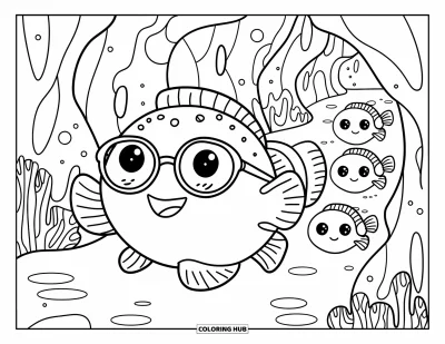 Under The Sea Coloring Page for Adults: A pufferfish with glasses leads fish friends on a treasure hunt by coral caves