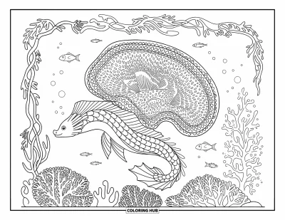 Under The Sea Coloring Page for Adults: A sea dragon swims in a coral reef with swirling patterns and fish nearby