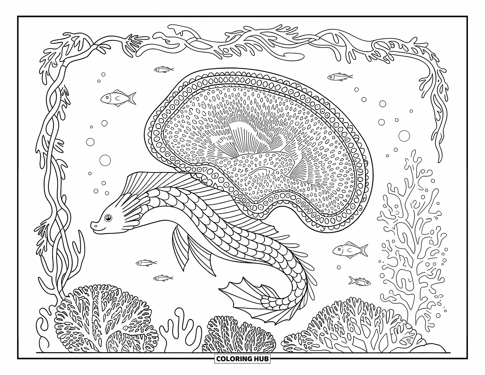 Under The Sea Coloring Page for Adults: A sea dragon swims in a coral reef with swirling patterns and fish nearby