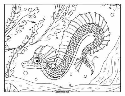 Under The Sea Coloring Page for Adults: A sea dragon with detailed scales glides through kelp and rocky seabeds