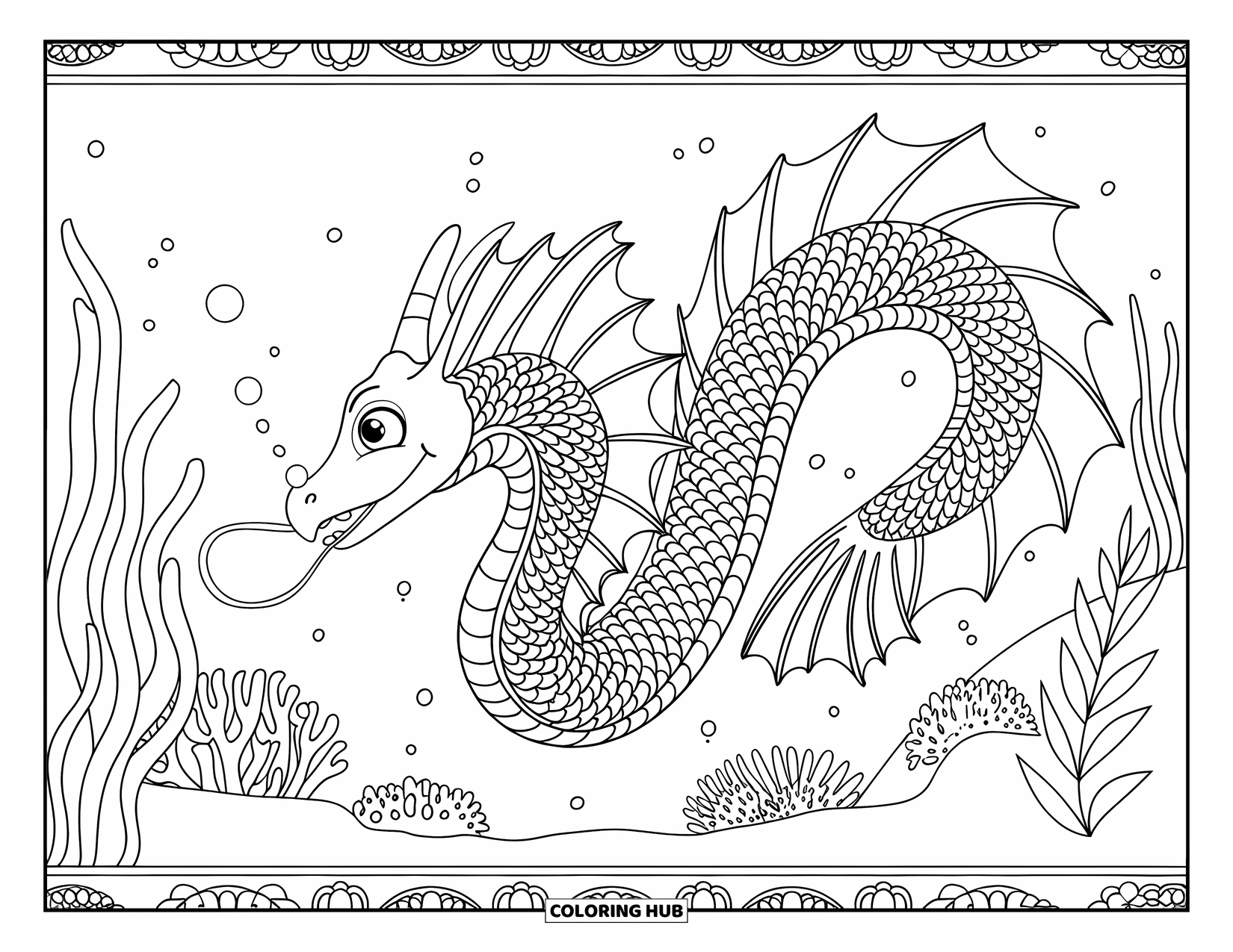 Under The Sea Coloring Page for Adults: A sea dragon with intricate scales swims among soft corals and sea anemones